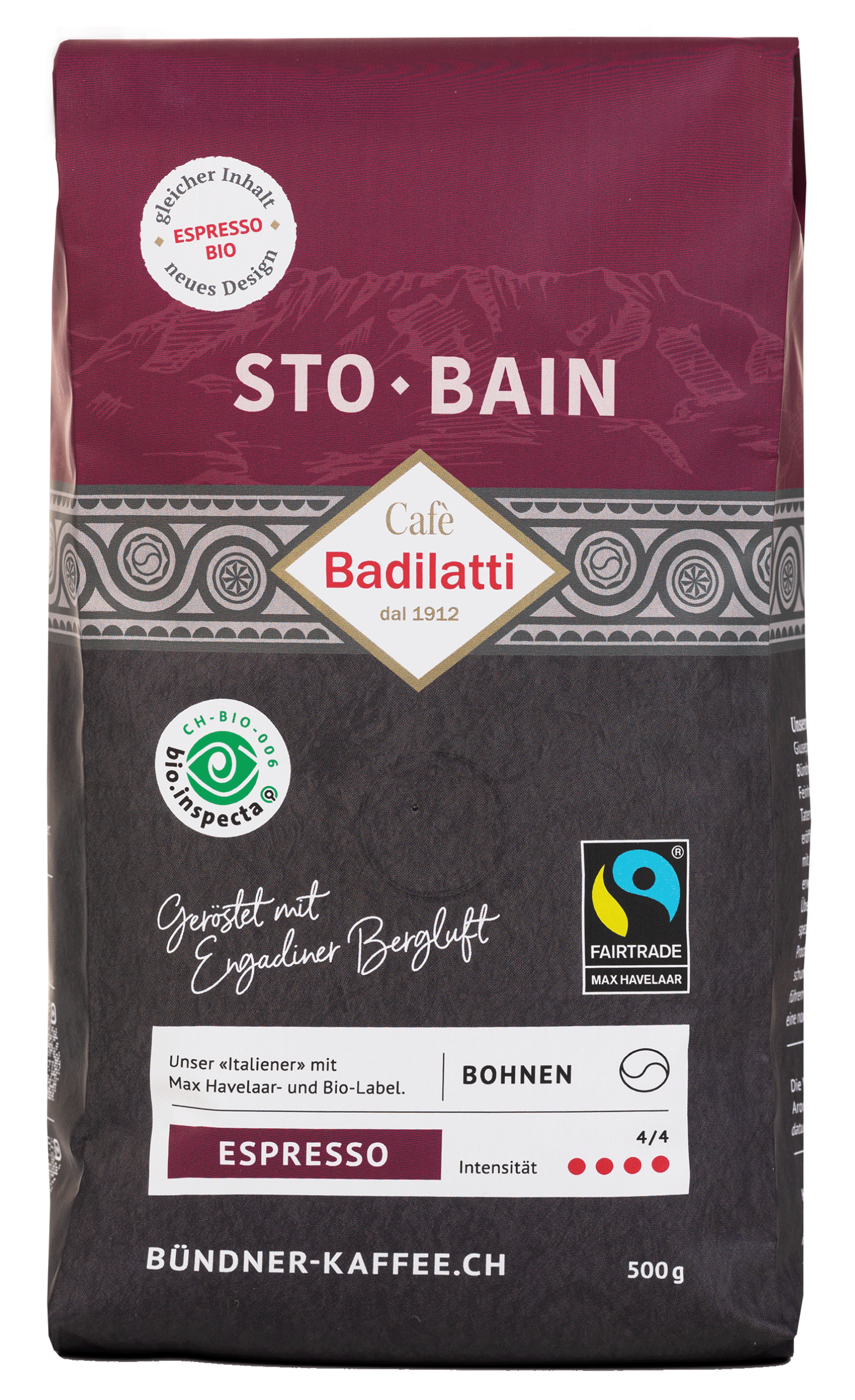 500g Sto Bain Bio/MH Kaffeebohnen von Cafè Badilatti.